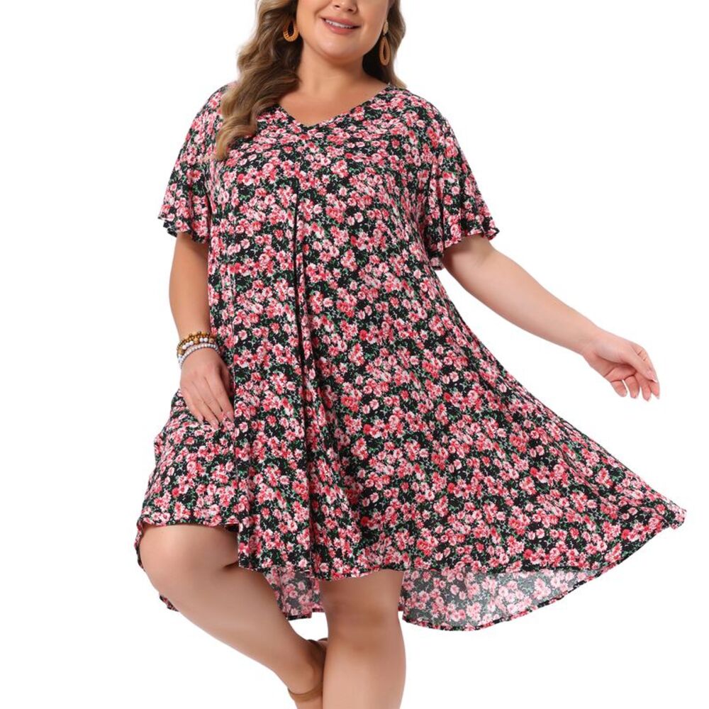 Women Plus Size Sundress V Neck Floral with Pockets Dress Black
